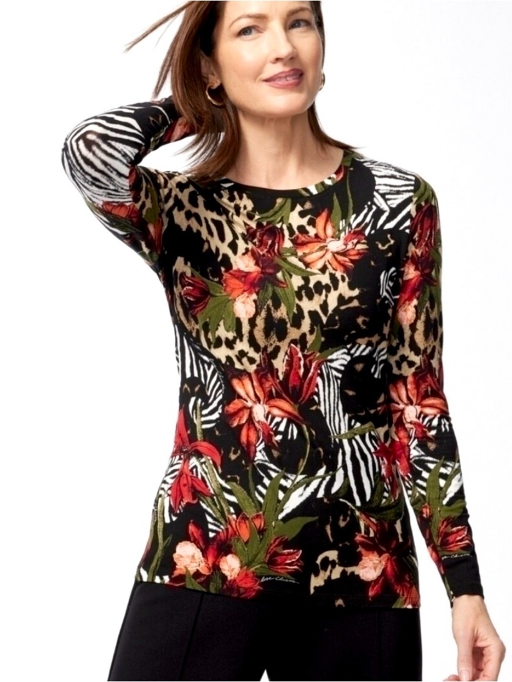 Chicos Touch of Cool Paradise Knit Floral & Animal Print Long Sleeve Top 3 / XL